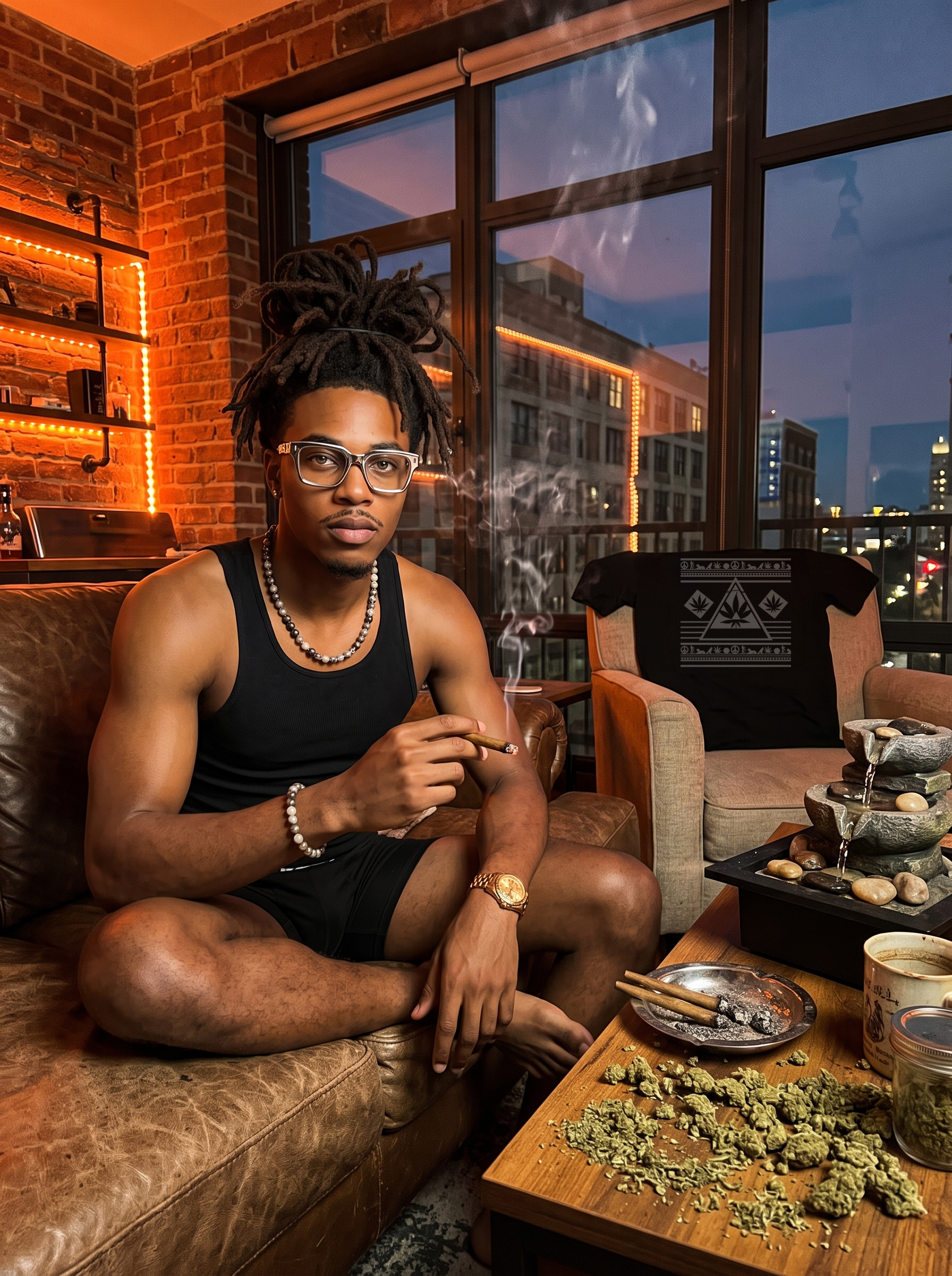 Julian enjoying cannabis culture while rolling up in his apartment lifestyle setting